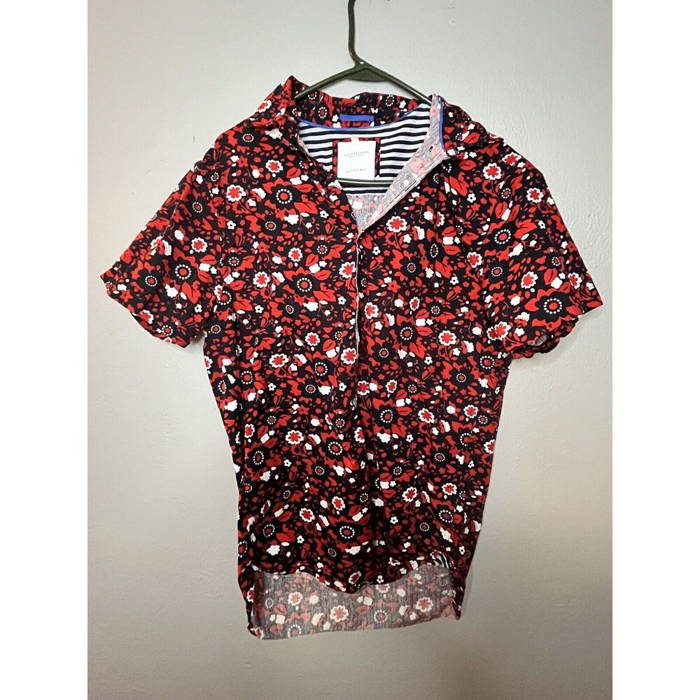 Denim & Flower Button Up Shirt Mens Med Red Floral Short Sleeve Casual Cotton